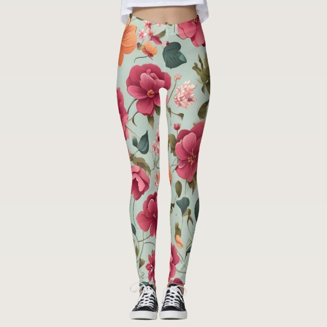 Cute Beval Blommigt Vector Art Seamless Mönster Leggings (Framsida)
