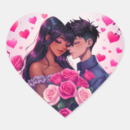 Cute Bi-Race Anime Valentindagen Hjärtformat Klistermärke
