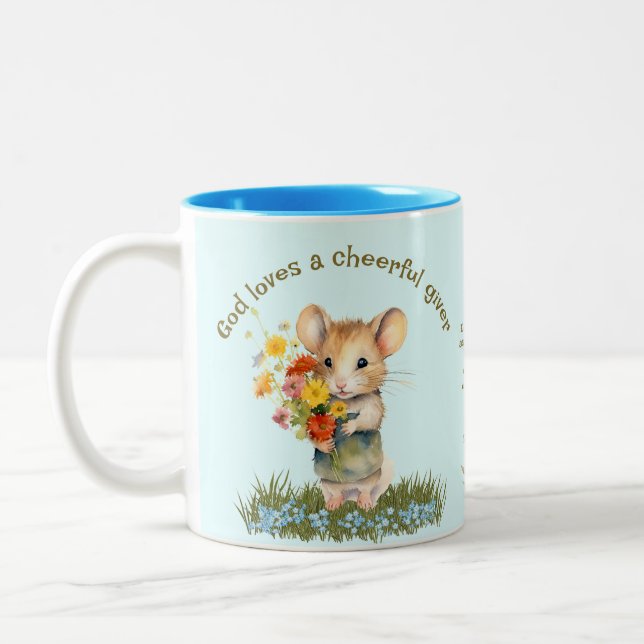 Cute Bible Scripture Mugg Mouse Flowers Blue Aqua (Vänster)