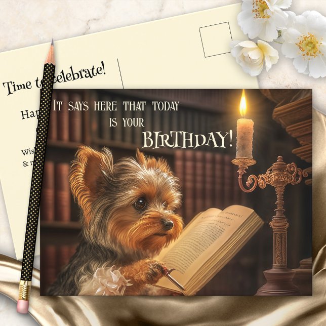 Cute Bibliotek Yorkshire Hund Birthday Vykort (Skapare uppladdad)