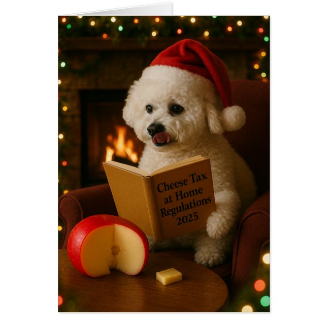 Cute Bichon Frise 'Cheese Tax' Christmas card Hälsningskort (Framsidan)