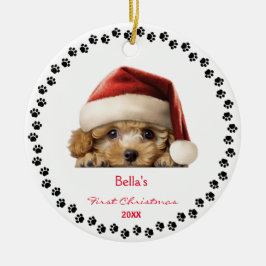 Cute Bichon Frise Hund Santa Hat Första jul Julgransprydnad Keramik