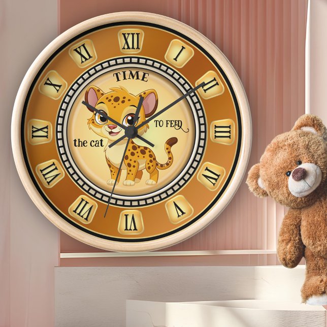 Cute Big Cat-Roligt Rund Klocka (Kid's wall clock featuring a cute baby jaguar big cat with roman numerals and your own funny texts)