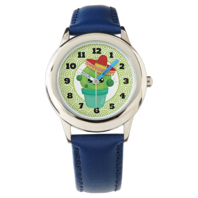 Cute Big Eyed Cactus in Red Sombrero Armbandsur (Framsida)