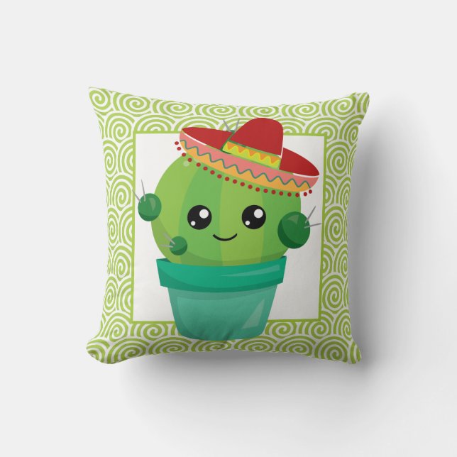 Cute Big Eyed Cactus in Red Sombrero Kudde (Framsida)