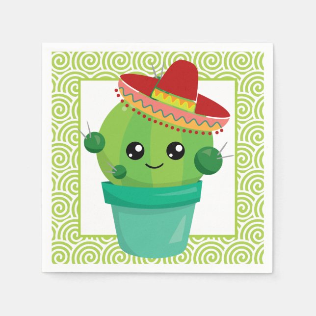 Cute Big Eyed Cactus in Red Sombrero Pappersservett (Framsidan)