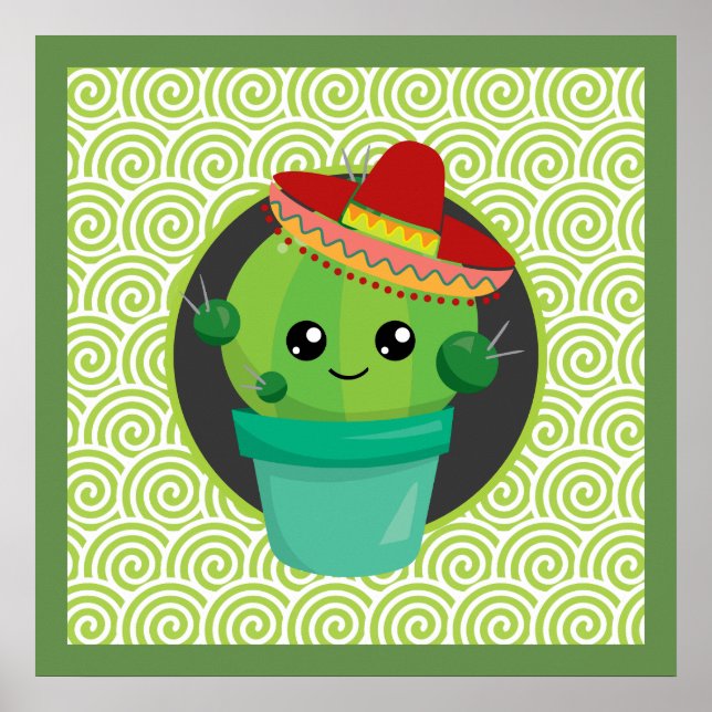 Cute Big Eyed Cactus in Red Sombrero Poster (Framsidan)