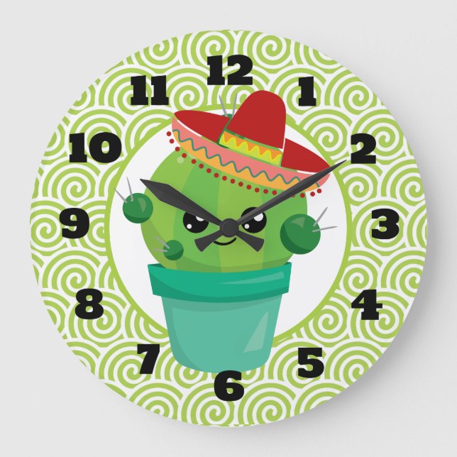 Cute Big Eyed Cactus in Red Sombrero Stor Klocka (Framsida)