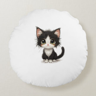 Cute Big Eyed Kitten - Chibi Black & White Cat Rund Kudde
