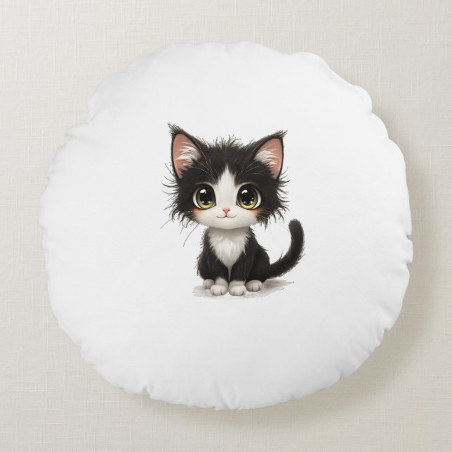 Cute Big Eyed Kitten - Chibi Black & White Cat Rund Kudde (Framsidan)