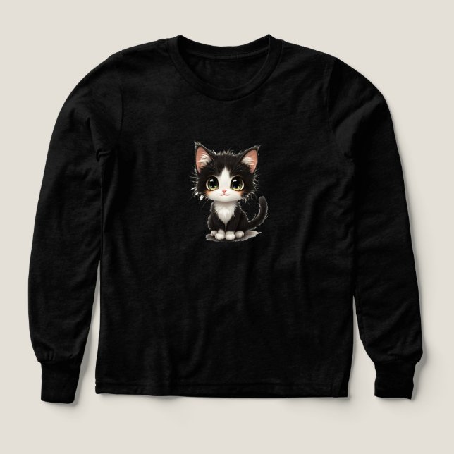 Cute Big‑Eyed Kitten – Chibi Black & White Cat T Shirt (Design framsida)