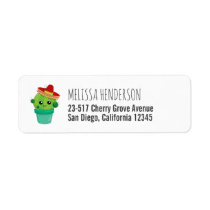 Cute Big Eyed Smiling Cactus in Red Sombrero Returadress Etikett