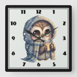 Cute Big Eyed Uggla som innehar ett kaffe Fyrkantig Klocka