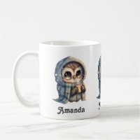 Cute Big Eyed Uggla som innehar ett kaffe -