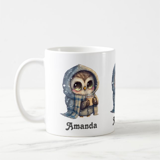 Cute Big Eyed Uggla som innehar ett kaffe - Kaffemugg (Vänster)