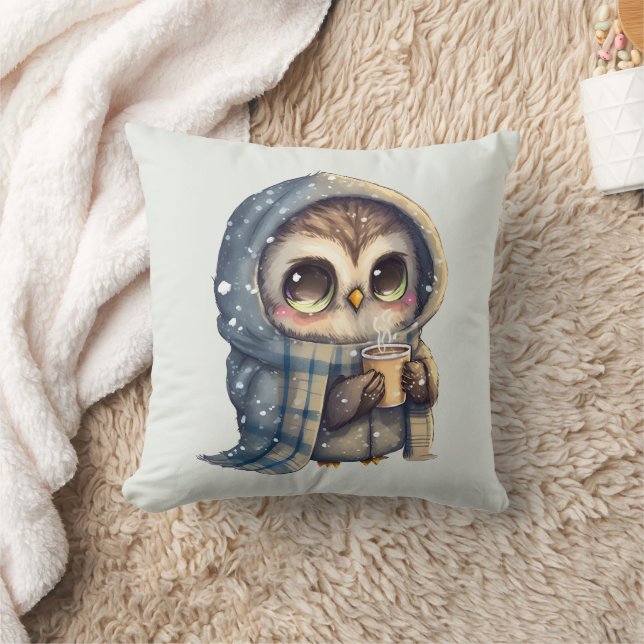 Cute Big Eyed Uggla som innehar ett kaffe Kudde (Filt)