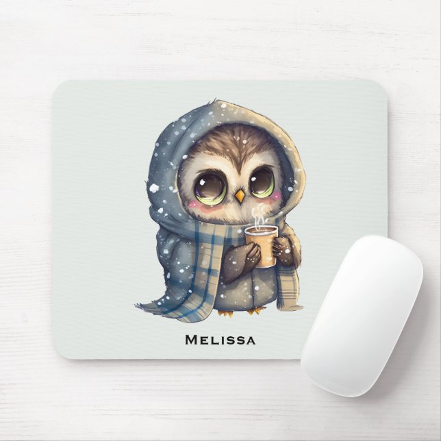 Cute Big Eyed Uggla som innehar ett kaffe Musmatta (Med mus)