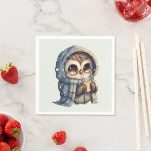 Cute Big Eyed Uggla som innehar ett kaffe Pappersservett