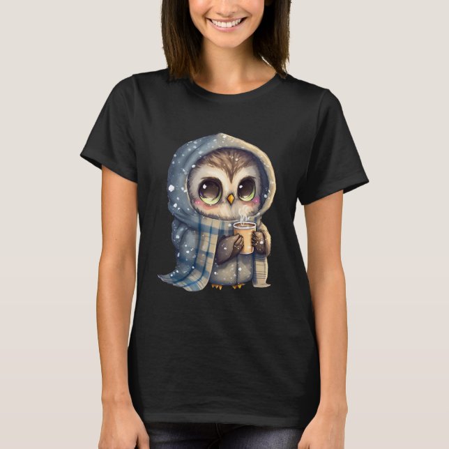Cute Big Eyed Uggla som innehar ett kaffe T Shirt (Framsida)
