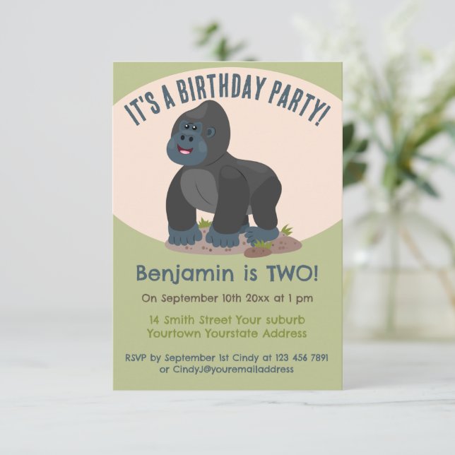 Cute big gorilla personlig-tecknad födelsedag inbjudningar (Stående Fram)