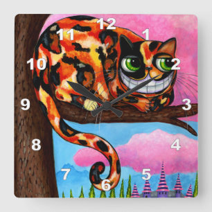 Cute Big Grönt Öga Calico Cheshire Cat Fyrkantig Klocka