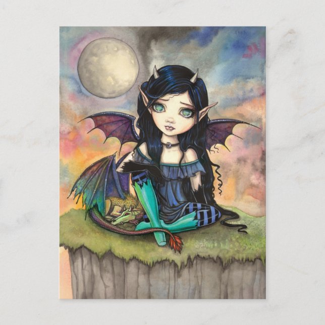 Cute Big Öga Gothic Fairy and Dragon Art Vykort (Framsida)