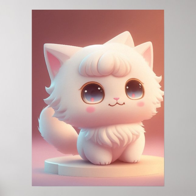Cute Big Ögon Fluffy White Cat Poster (Framsidan)