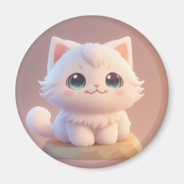 Cute Big Ögon Fluffy White Kitten Magnet (Framsidan)