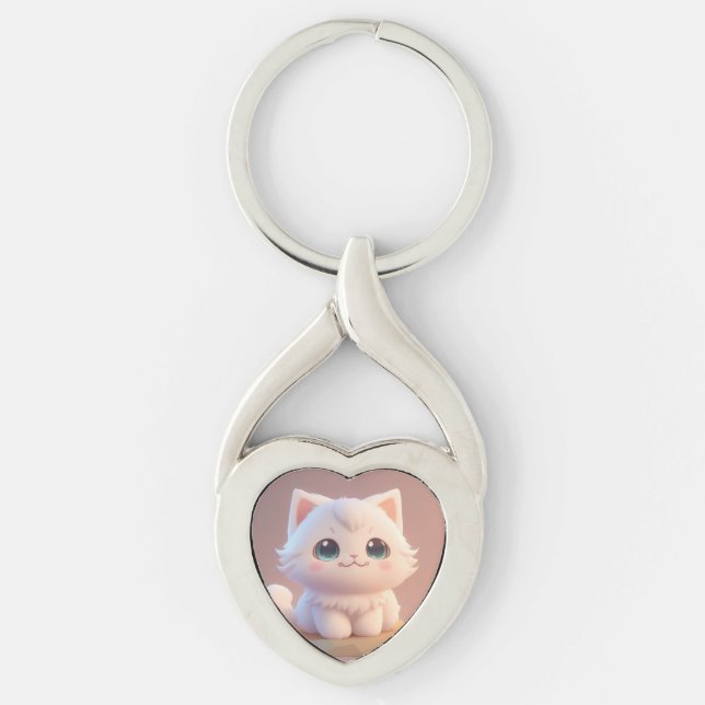 Cute Big Ögon Fluffy White Kitten Twisted Heart Silverfärgad Nyckelring (Framsidan)