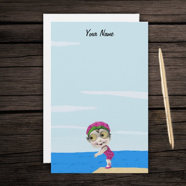 Cute Big Ögon Swimmer Girl Rosa Polka dots Brevpapper (Cute google eyes little girl swimmer in pink polka dot bathing suit at lake on stationery paper.)