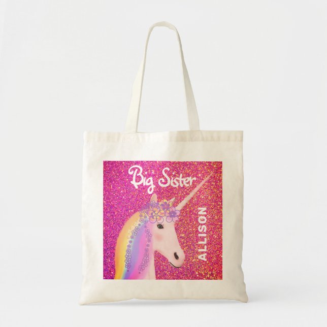 Cute Big Sister Unicorn Rosa Glitter Personlig Tygkasse (Framsidan)