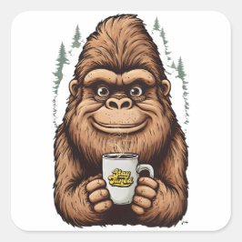 Cute Bigfoot Drinking Coffee  Funny Sasquatch  Fyrkantigt Klistermärke