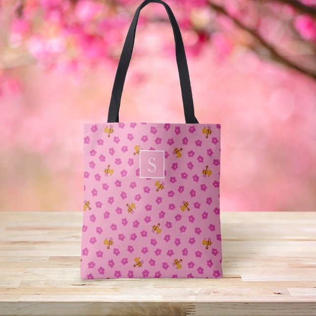 Cute bin och blommor mönster Monogram rosa Tygkasse (Skapare uppladdad)