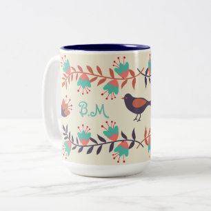 Cute Bird and Blommigt Folk Art Monogram Två-Tonad Mugg