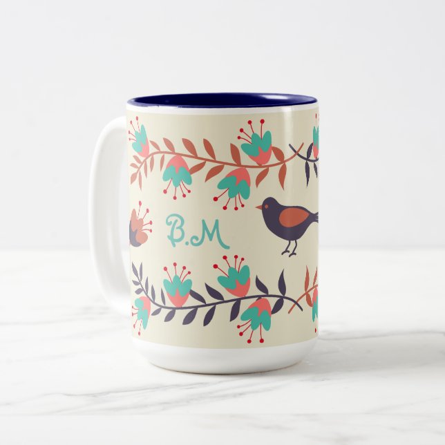Cute Bird and Blommigt Folk Art Monogram Två-Tonad Mugg (Framsida vänster)