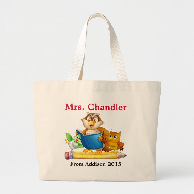 Cute Bird and Uggla Teacher Tote Bag Jumbo Tygkasse (Framsidan)