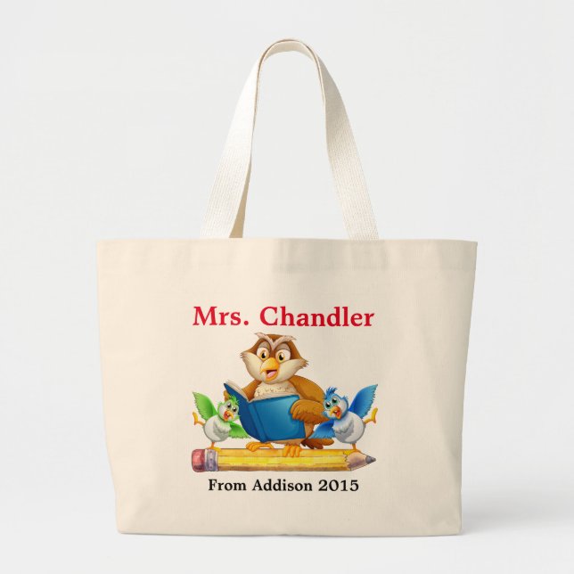 Cute Bird and Uggla Teacher Tote Bag Jumbo Tygkasse (Framsidan)