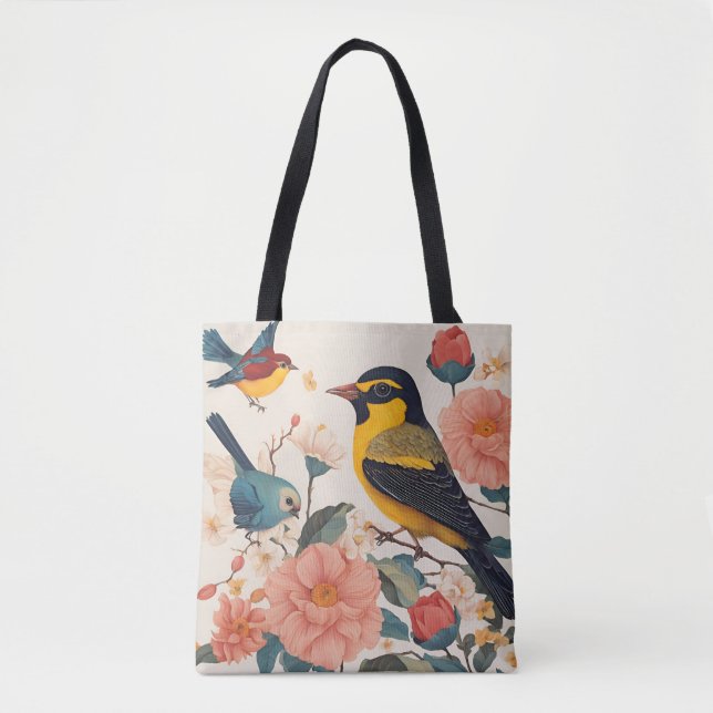 Cute Bird Blommigt Tote Bag Tygkasse (Framsida)