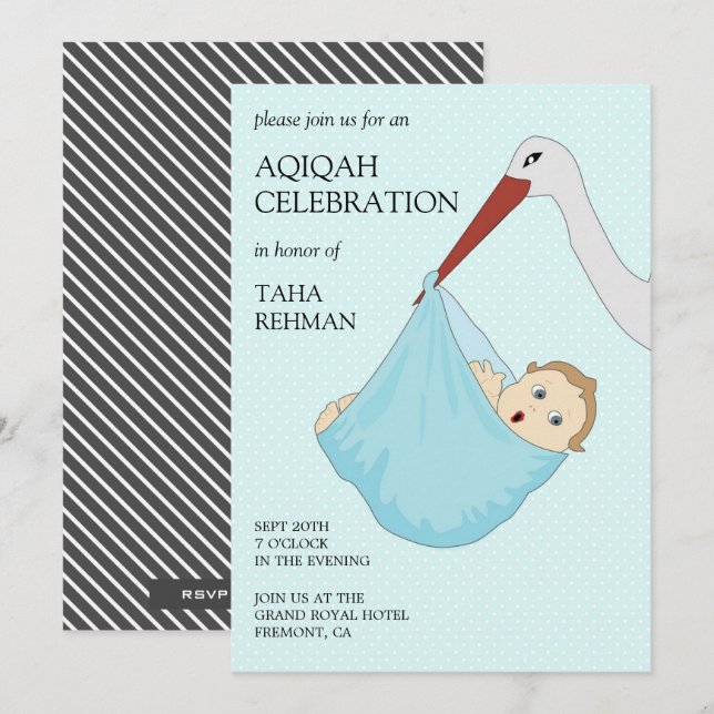 Cute Bird Blue Pojke Aqiqah Inbjudningar (Fram/baksida)