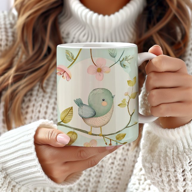Cute Bird Design Mugg, Bird Älskare Gift, Blommigt Kaffemugg (Skapare uppladdad)