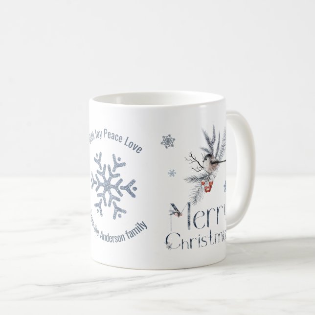 Cute Bird Gräs Gren Red Berries God jul Kaffemugg (Framsida höger)