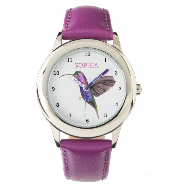 Cute Bird Hummingbird Blommigt Girly Kids Lila Armbandsur (Framsida)