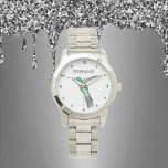Cute Bird Hummingbird Flower Colibri Nature Armbandsur<br><div class="desc">Cute,  kolibri,  färglös hummelfågel,  modern,  blomma,  natur,  blommigt,  vilt,  lila av djurvattenfärg. Handmålad illustration av Monika Howarth. Anpassa det med ditt namn.</div>