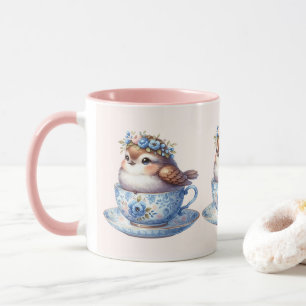 Cute Bird i Blommigt Tekopp Cottagecore Art Mugg