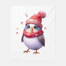 Cute bird i hatt och scarf. Julvattenfärg Fleecefilt