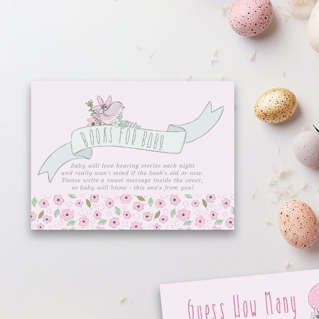 Cute Bird on Banner Bokar för Baby-inhägnadskort Tilläggskort (Books for Baby Shower Pink Enclosure Card from my Little Bunny & Balloon Baby Shower collection
)