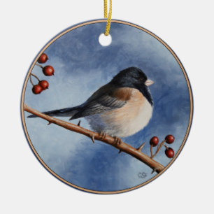Cute Bird Oregon Junco och Winter Berries Julgransprydnad Keramik