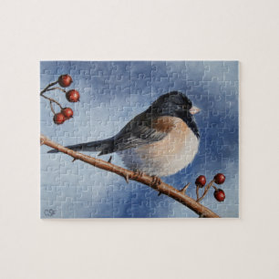 Cute Bird Oregon Junco och Winter Berries Pussel