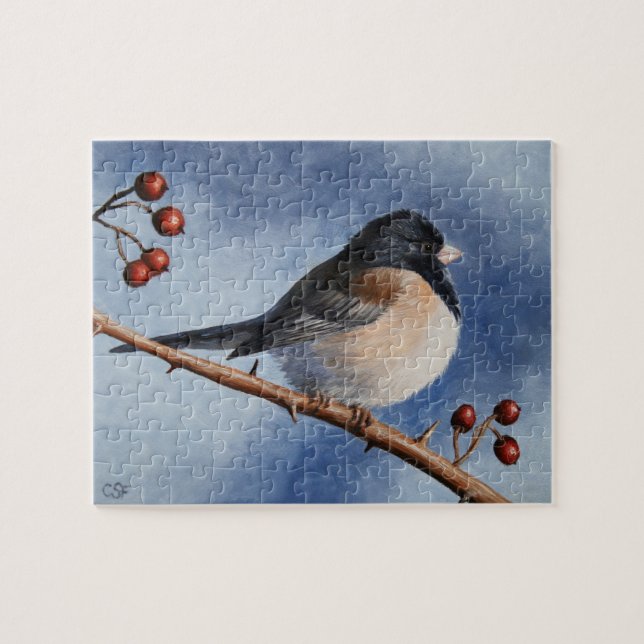 Cute Bird Oregon Junco och Winter Berries Pussel (Horisontell)