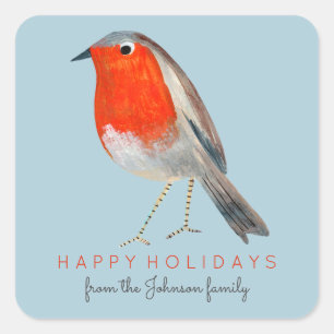 Cute Bird Red Robin Blue jul Fyrkantigt Klistermärke